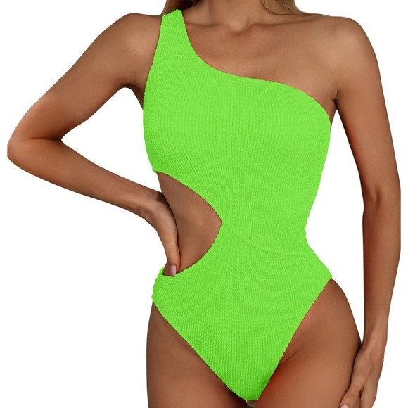 Unbranded Other - Neon Green One Shoulder Cutout Crinkle One Piece Swimsuit Womens M